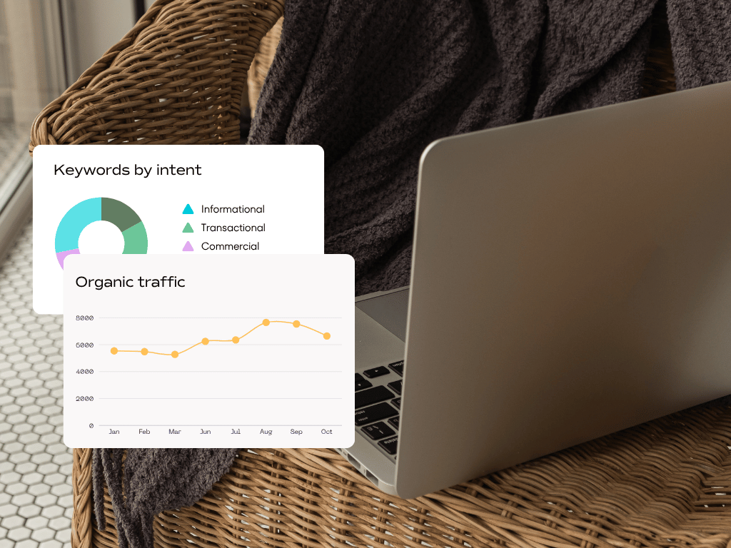 Sample SEO report widgets in Semrush behind a laptop